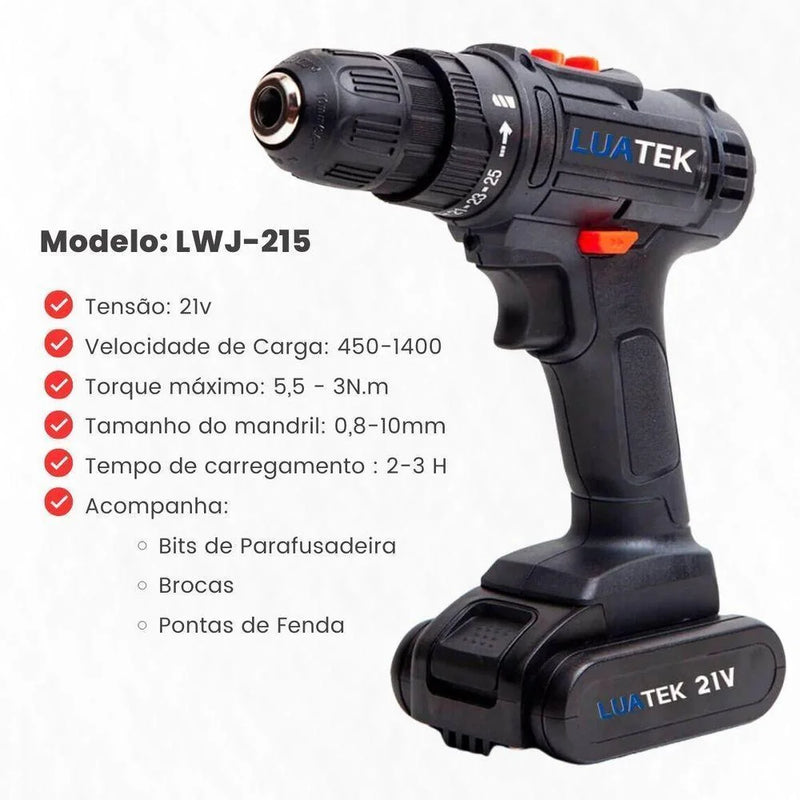 Furadeira e Parafusadeira 21v 2 Baterias Profissional Bivolt LWJ-215 - Luatek